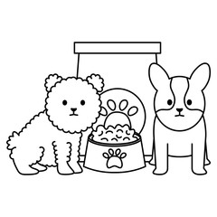 little dogs adorables with food bag and dish
