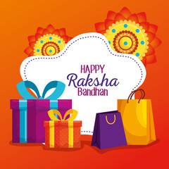 label of hindu flowers with presents gifts and bags