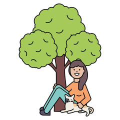 young woman with cute cat and tree