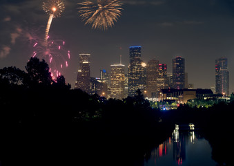 Fireworks on the city of Houston (Texas) in honor of the 4th of July. USA Independence Day