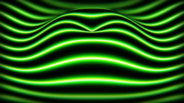Green horizontal neon beams on waving surface. Abstract 3D animation, seamless loop.