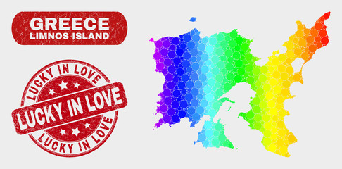 Spectrum dotted Limnos Island map and seal stamps. Red rounded Lucky in Love scratched seal stamp. Gradient spectrum Limnos Island map mosaic of scattered circle dots.