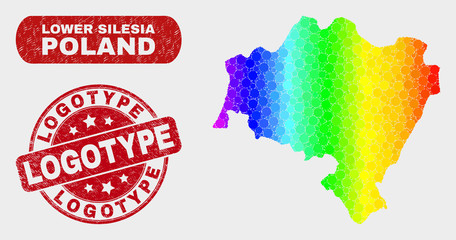 Spectral dot Lower Silesia Province map and watermarks. Red round Logotype textured seal. Gradient spectrum Lower Silesia Province map mosaic of random round dots. Logotype seal with grunge surface.