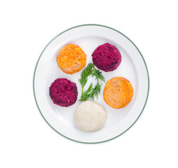 Vegetable burgers from beets, carrots, potatoes. Vegetarian menu.