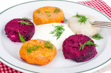 Vegetable burgers from beets, carrots, potatoes. Vegetarian menu.