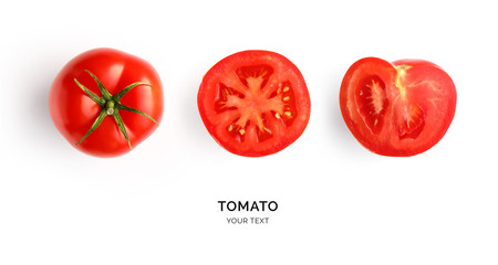 Creative layout made of tomato on the white background. Flat lay. Food concept. Tomato on the white background. - obrazy, fototapety, plakaty