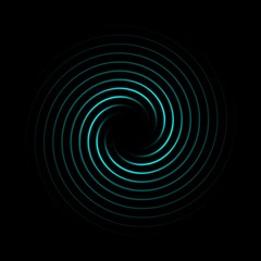 Glowing teal line spiral on black backdrop, abstract background