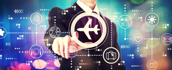 Airplane travel theme with a businessman on a shiny background © Tierney