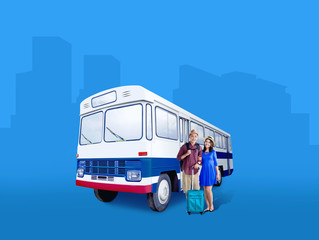 Asian couple in hat with suitcase bag and backpack standing beside the bus