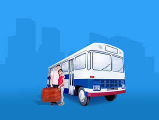 Asian couple carrying suitcase bag standing beside the bus