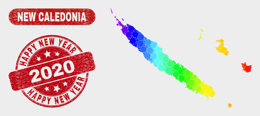 Rainbow colored dot New Caledonia Islands map and stamps. Red rounded Happy New Year 2020 grunge seal stamp. Gradiented rainbow colored New Caledonia Islands map mosaic of scattered circle elements.