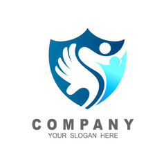 Logo shield and human with hand  design vector
