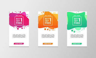 Coupon discount buy one get one free sale banner set. Modern liquid design template colorful special offer. Can use for social media promotion, flyer, web, mobile app and ready to print.