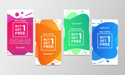 Coupon discount buy one get one free sale banner set. Modern liquid design template colorful special offer. Can use for social media promotion, flyer, web, mobile app and ready to print.
