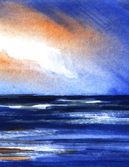 Abstract watercolor background landscape with paper texture. Sunset sky above dark sea with light flashes reflected in water blurring horizon. Handmade brushstroke art in blue, white, orange shades.