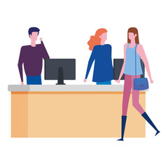 couple working in desk with computers and woman customer