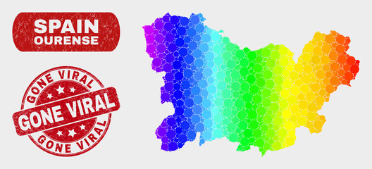 Spectral dotted Ourense Province map and watermarks. Red rounded Gone Viral textured seal. Gradient spectral Ourense Province map mosaic of scattered circle elements.