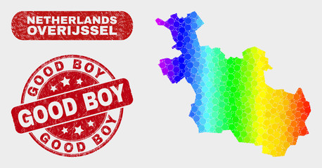 Obraz premium Rainbow colored dotted Overijssel Province map and rubber prints. Red rounded Good Boy scratched seal stamp. Gradient rainbow colored Overijssel Province map mosaic of scattered small circles.