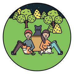 young couple with cute cats mascots on the park