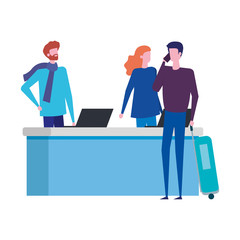 couple working in desk with computers and man customer