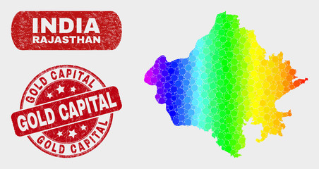 Spectral dot Rajasthan State map and rubber prints. Red rounded Gold Capital grunge seal stamp. Gradiented spectral Rajasthan State map mosaic of scattered circle elements.