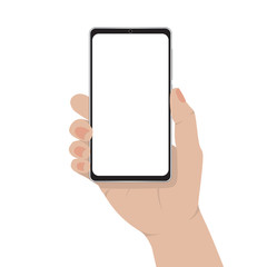Hand holding smartphone isolated with blank screen