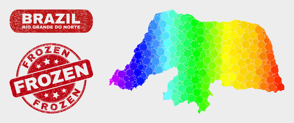 Rainbow colored dotted Rio Grande do Norte State map and rubber prints. Red rounded Frozen distress stamp. Gradient rainbow colored Rio Grande do Norte State map mosaic of random small circles.