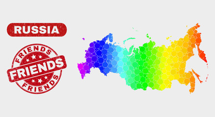 Spectrum dotted Russia map and seal stamps. Red rounded Friends grunge stamp. Gradiented spectrum Russia map mosaic of random small spheres. Friends seal stamp with rubber texture.
