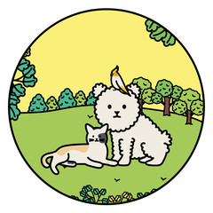 cute cat and dog with bird in the park