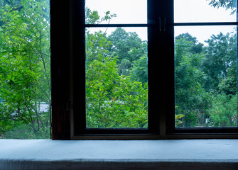 Vintage wooden window frames look out to see the trees in the garden look relaxed.