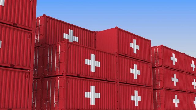Container terminal full of containers with flag of Switzerland. Swiss export or import related loopable 3D animation