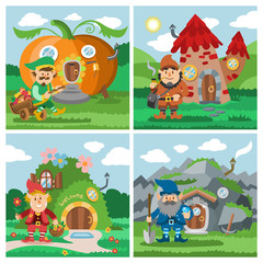 Fantasy gnome house vector cartoon fairy treehouse and magic housing village illustration set of kids gnome fairytale pumpkin or stone playhouse for gnome background