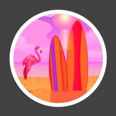 Summer flamingo on sunset background. Tropical beach scene with flamingo bird and surfing board banner vector illustration. Vacation and tourism concept. Outdoor actuvity.