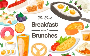 Breakfast and brunches concept banner vector illustration. Healty breakfast of fried, boiled and scrambled eggs, donut and pie with ice cream, cheese. Served breakfast. Honey.