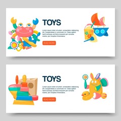 Toy shop for babies banners vector illustration. Cute objects for small children to play with, wooden and plastic toys, animals such as duck, rabbit. Fun and activity.