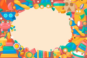 Toy collection for babies big background banner vector illustration. Cute objects for small children to play with, wooden and plastic toys, animals such as duck, rabbit. Fun and activity.