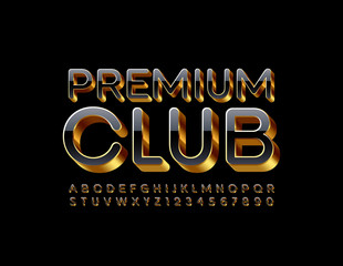 Vector elite emblem Premium Club. Uppercase Black and Golden Font. 3D luxury Alphabet Letters and Numbers