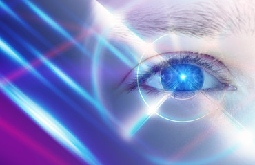 The eyes of a man on a bright abstract background with holograms
