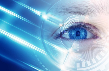 The eyes of a man on a bright abstract background with holograms