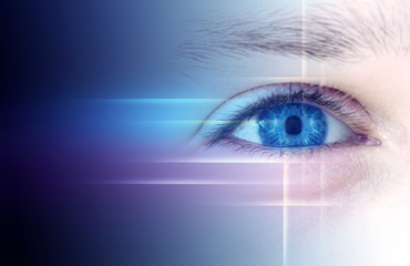 The eyes of a man on a bright abstract background with holograms