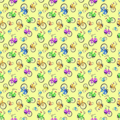 Beautiful and bright pattern of a large number of colorful bikes. Art collage.