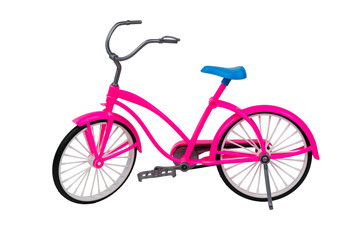 Toy pink bike with a blue seat isolated on white background.