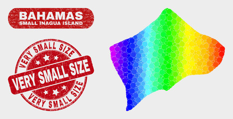 Rainbow colored dotted Small Inagua Island map and seals. Red round Very Small Size scratched seal stamp. Gradiented rainbow colored Small Inagua Island map mosaic of scattered small circles.