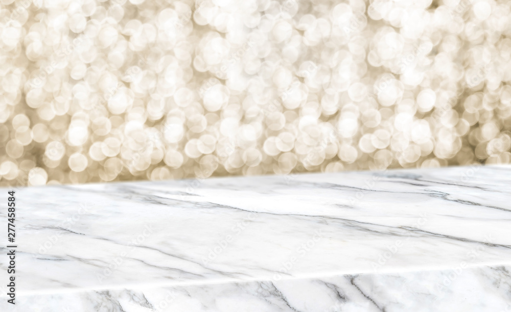Fototapete white marble glossy table diagonal with blur sparkling gold bokeh abstract background,panoramic bann