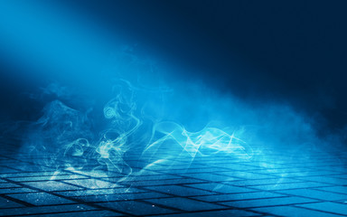 Obraz premium Empty background scene. Dark street reflection on wet asphalt. Rays of neon light in the dark, neon figures, smoke. Background of empty stage show. Abstract dark background.