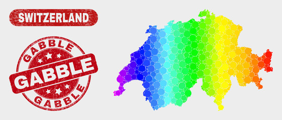 Spectrum dotted Switzerland map and seal stamps. Red rounded Gabble scratched seal. Gradient rainbow colored Switzerland map mosaic of scattered small spheres. Gabble seal stamp with distress surface.