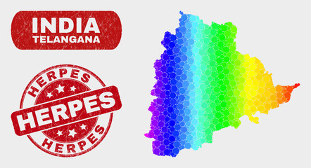 Spectral dot Telangana State map and rubber prints. Red rounded Herpes distress seal stamp. Gradiented rainbow colored Telangana State map mosaic of randomized circle.
