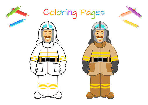 Character for training: firefighter, fireman. Man in firefighter uniform Educational game for children. Copy the picture. Coloring book. Cartoon vector illustration