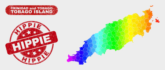 Rainbow colored dot Tobago Island map and watermarks. Red round Hippie scratched seal stamp. Gradiented rainbow colored Tobago Island map mosaic of randomized small circles.