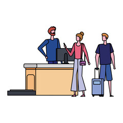 man working in airport with couple travelers